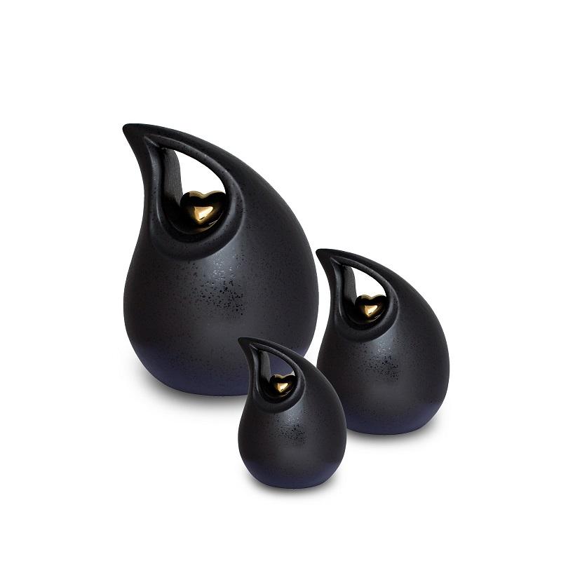 Ceramic Teardrop Urn (Black with Gold Heart) - Small